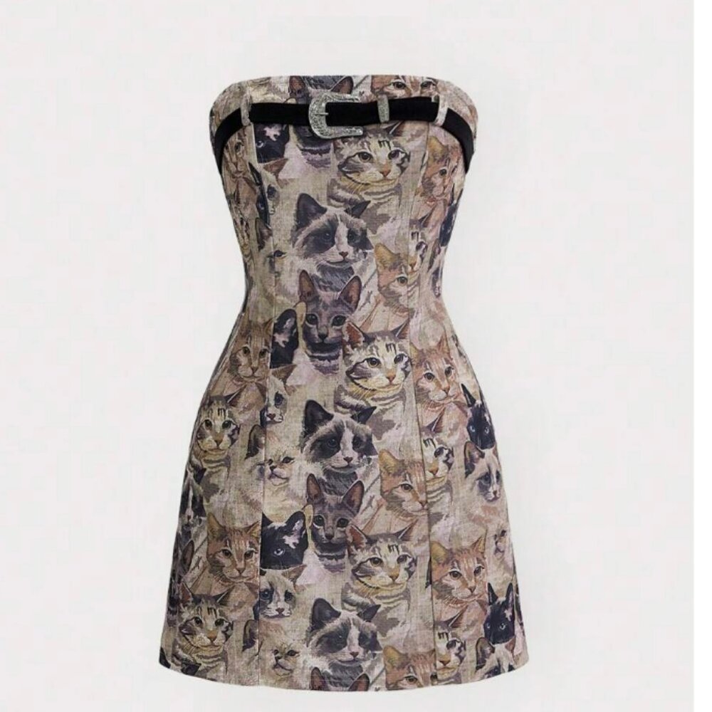 Cat Graphic Belted Strapless Tube Dress